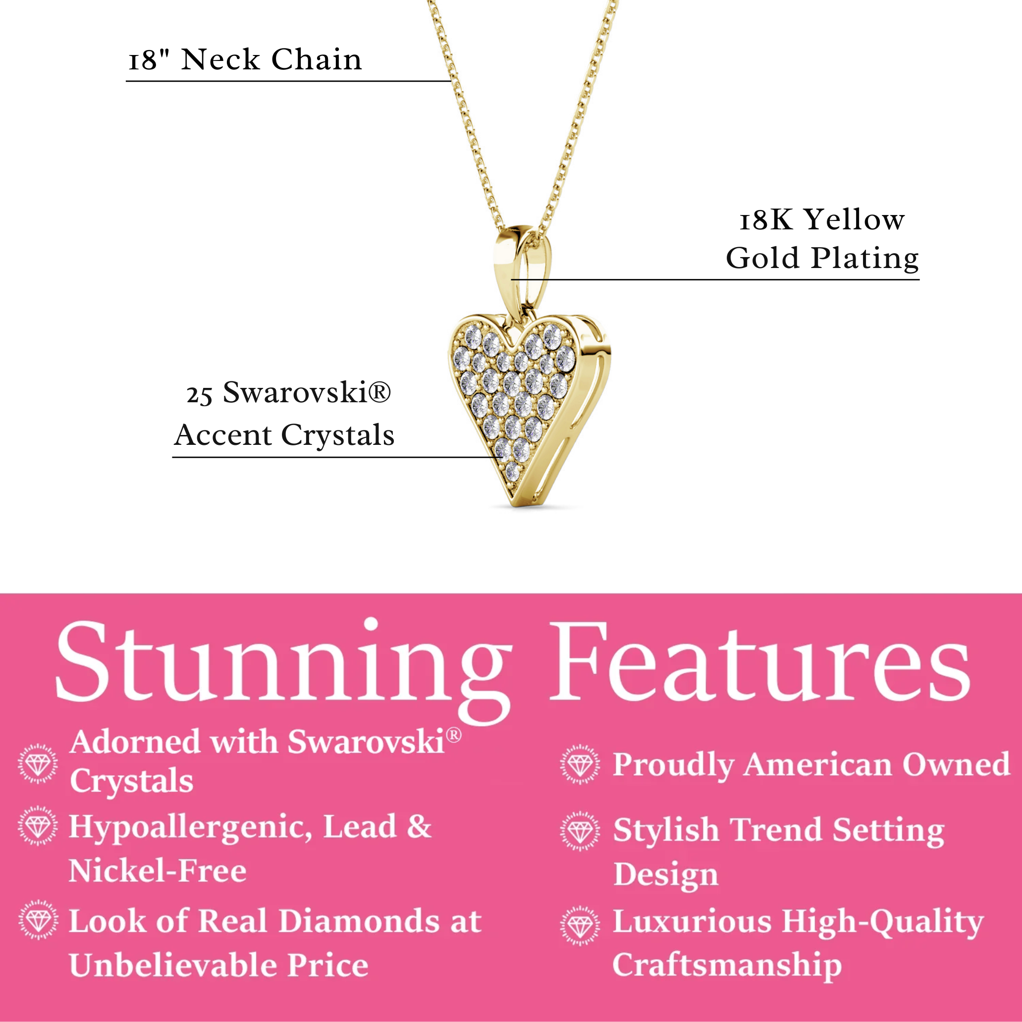 Cecilia 18 镀白金心形/铲形水晶项链