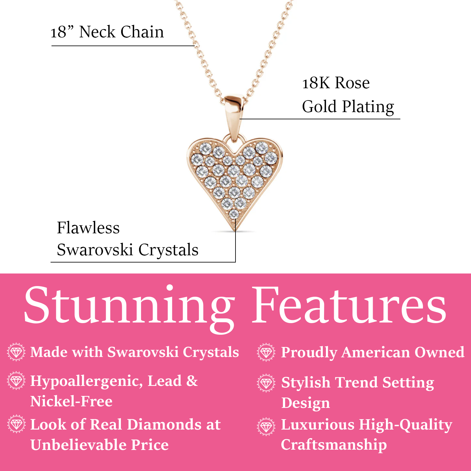 Cecilia 18k White Gold Plated Heart / Spade Necklace with Swarovski Crystals