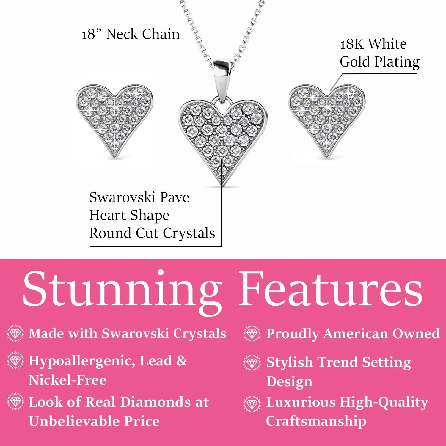 Cecilia 18k White Gold Heart Necklace and Stud Earrings Jewelry Set with Crystals