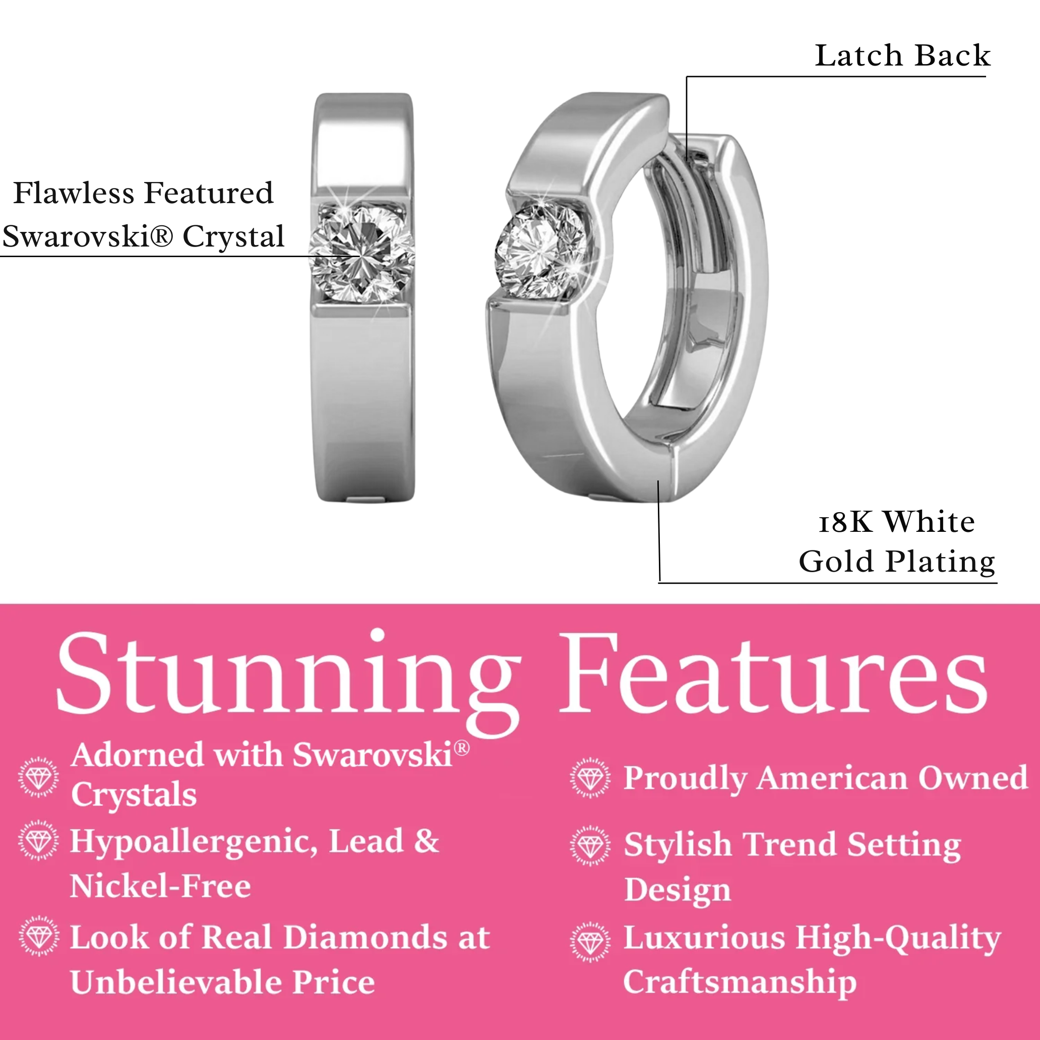 Charlie 18k White Gold Plated 14mm Hoop Earrings with Round Swarovski Crystals