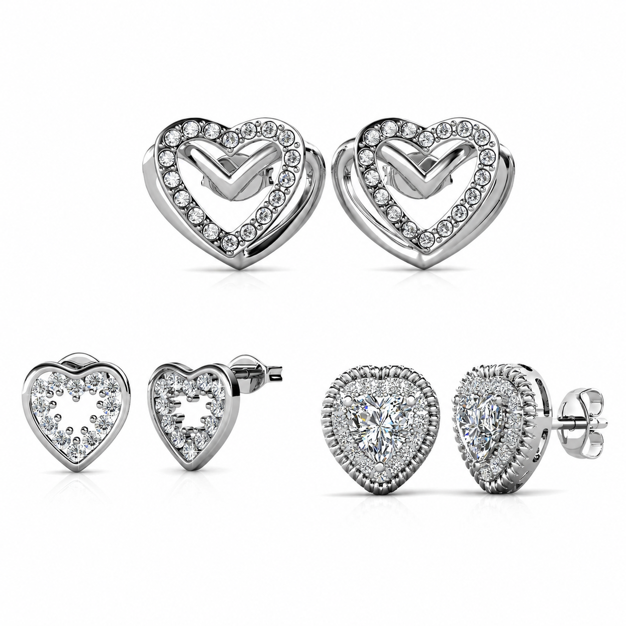 Coraline, Ainsley, Cathy 18k White Gold Plated Stud Earrings for Women (3 Pair Set)