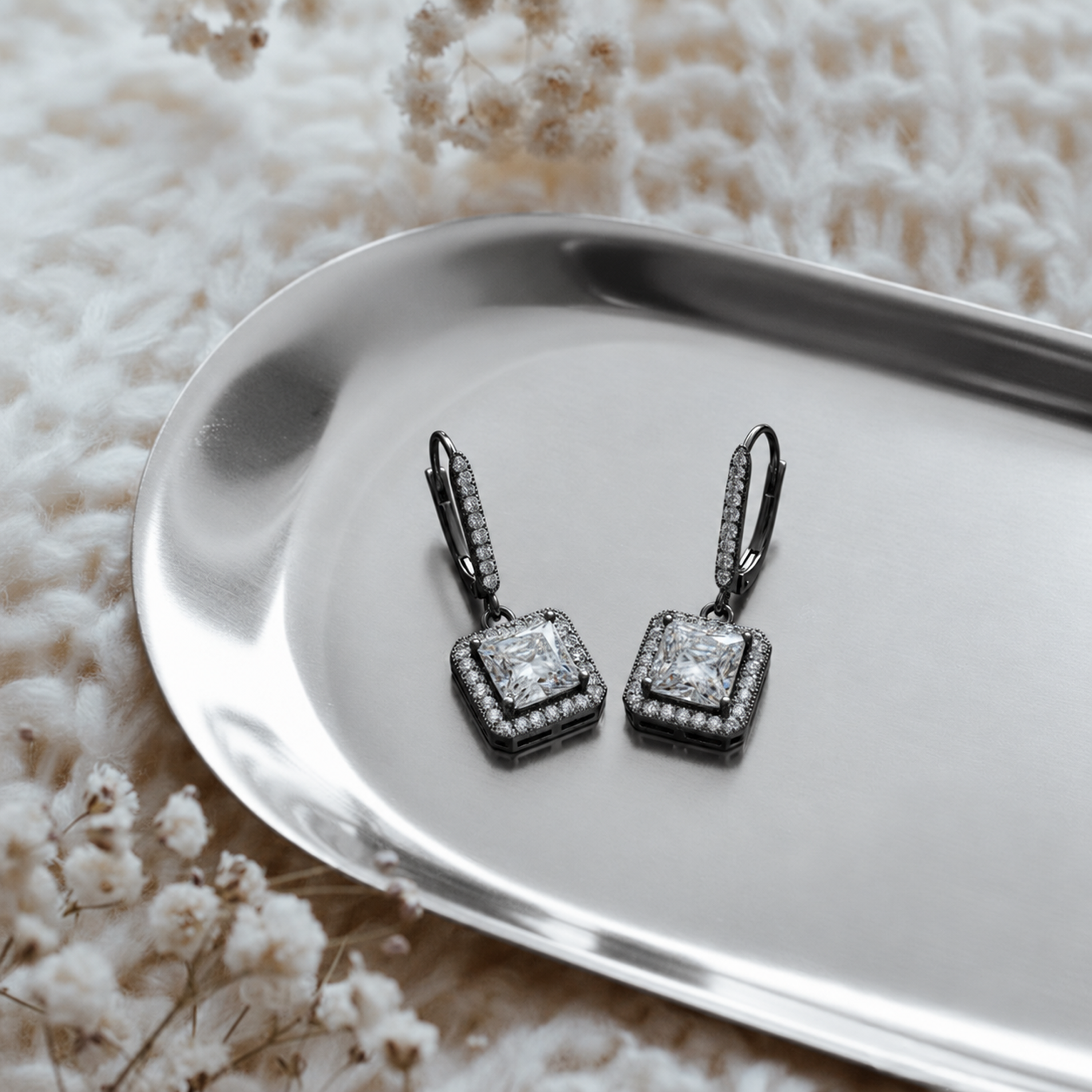 Ivy 18k White Gold Plated Halo Dangle Earrings with Princess Cut Simulated Diamond Crystals - Final Sale - Fab Fav