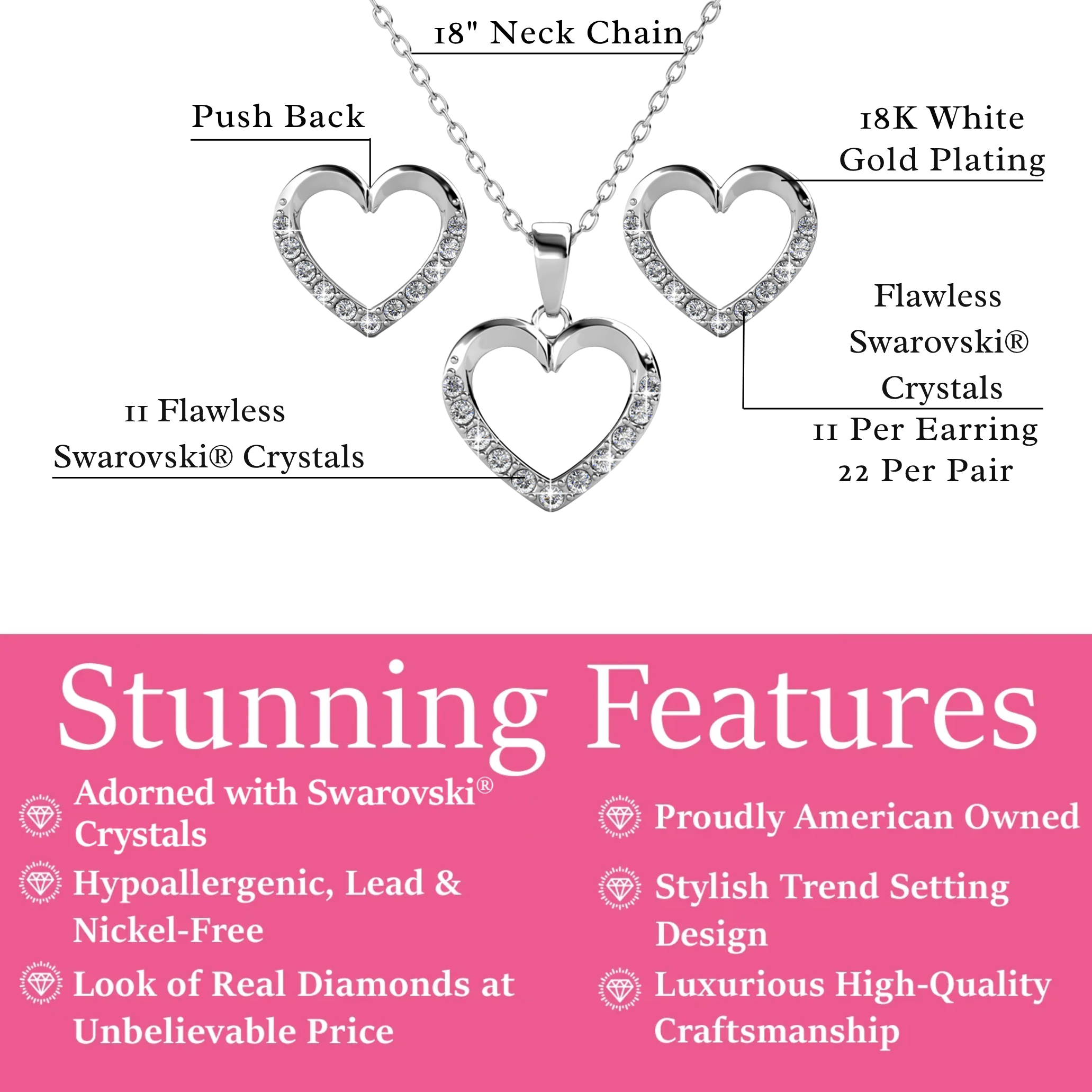 Chelsea 18k White Gold Plated Silver Heart Necklace and Earring Set with Swarovski Crystals