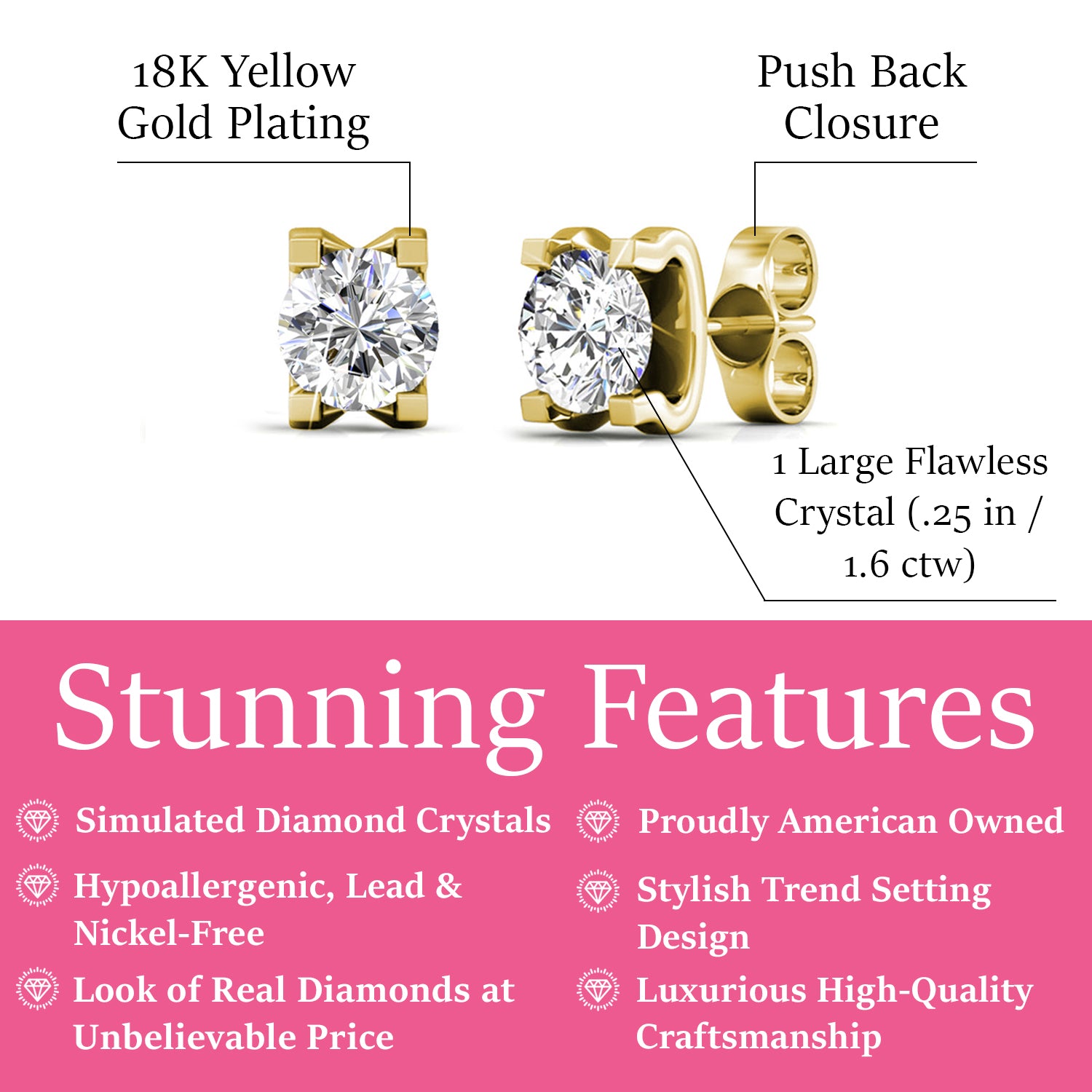 Clara "Bright" 18k Gold Plated Stud Earrings with Solitaire Round Cut Swarovski Crystal