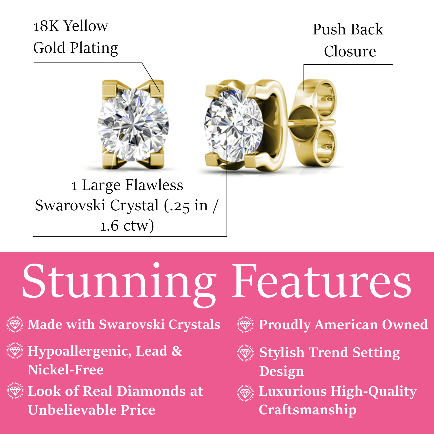 Clara 18k Gold Plated Stud Earrings with Solitaire Round Cut Swarovski Crystal — Final Sale