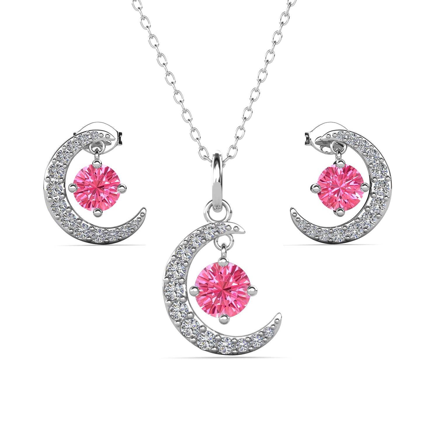 Luna Birthstone 18k White Gold Plated Silver Crescent Earrings and Necklace Set with Swarovski Crystals