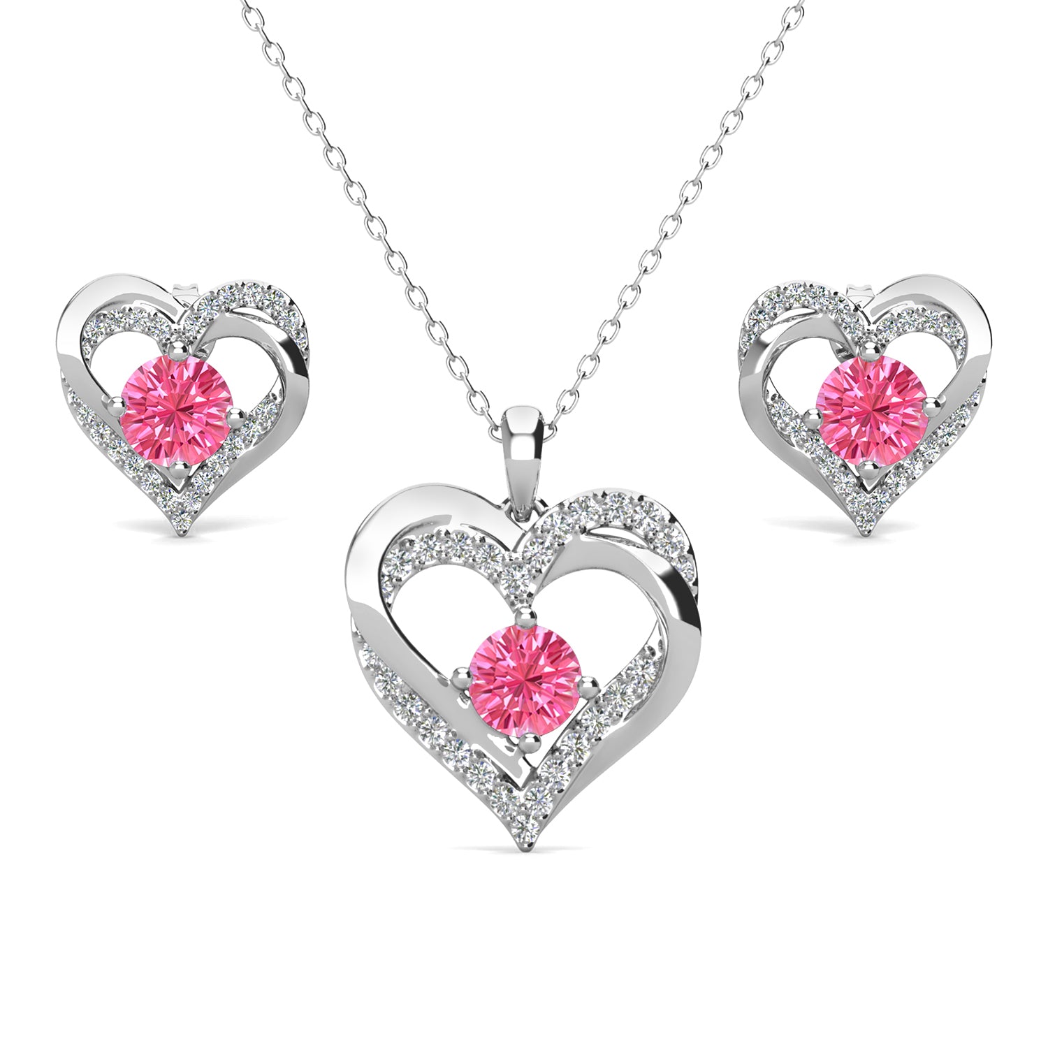 Forever Birthstone 18k White Gold Plated Silver Double Heart Earrings and Necklace Set with Swarovski Crystals