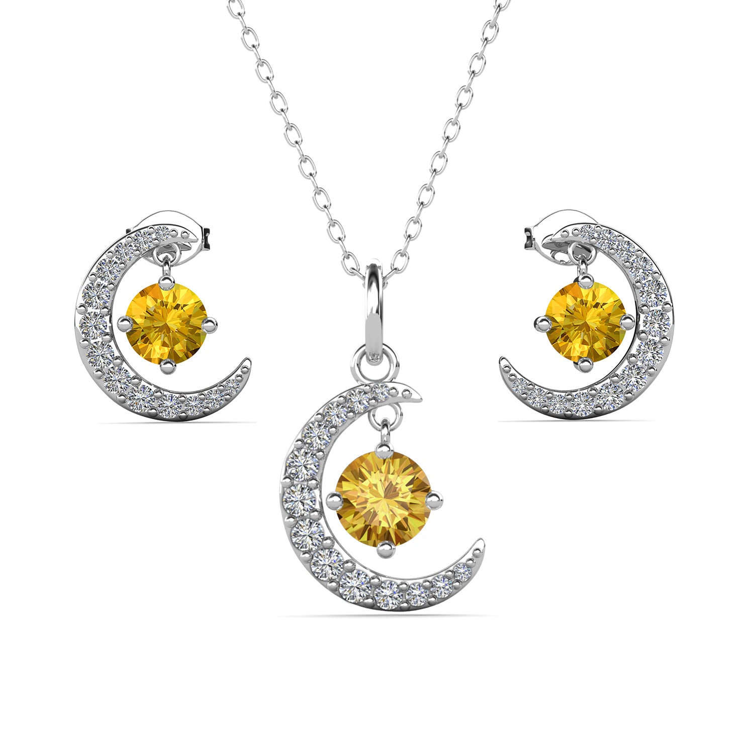 Luna Birthstone 18k White Gold Plated Silver Crescent Earrings and Necklace Set with Swarovski Crystals