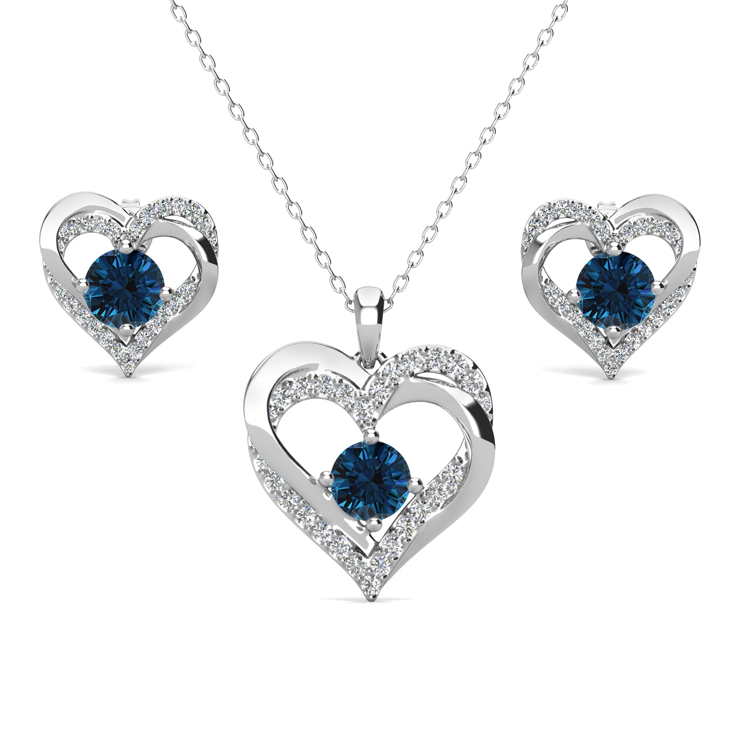 Forever Birthstone 18k White Gold Plated Silver Double Heart Earrings and Necklace Set with Swarovski Crystals