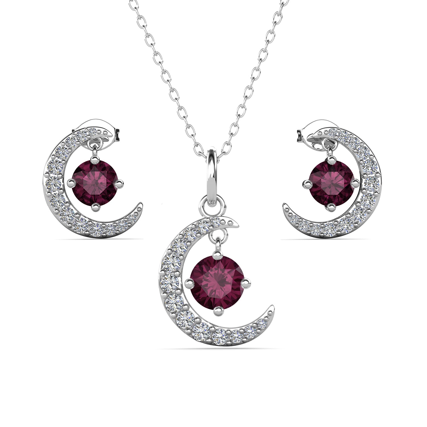 Luna Birthstone 18k White Gold Plated Silver Crescent Earrings and Necklace Set with Swarovski Crystals