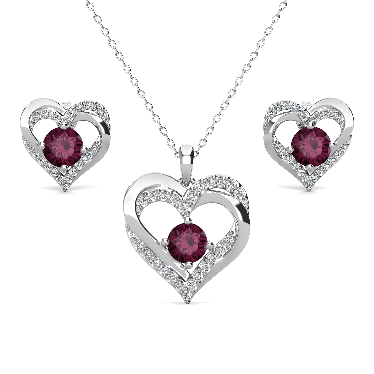 Forever Birthstone 18k White Gold Plated Silver Double Heart Earrings and Necklace Set with Swarovski Crystals