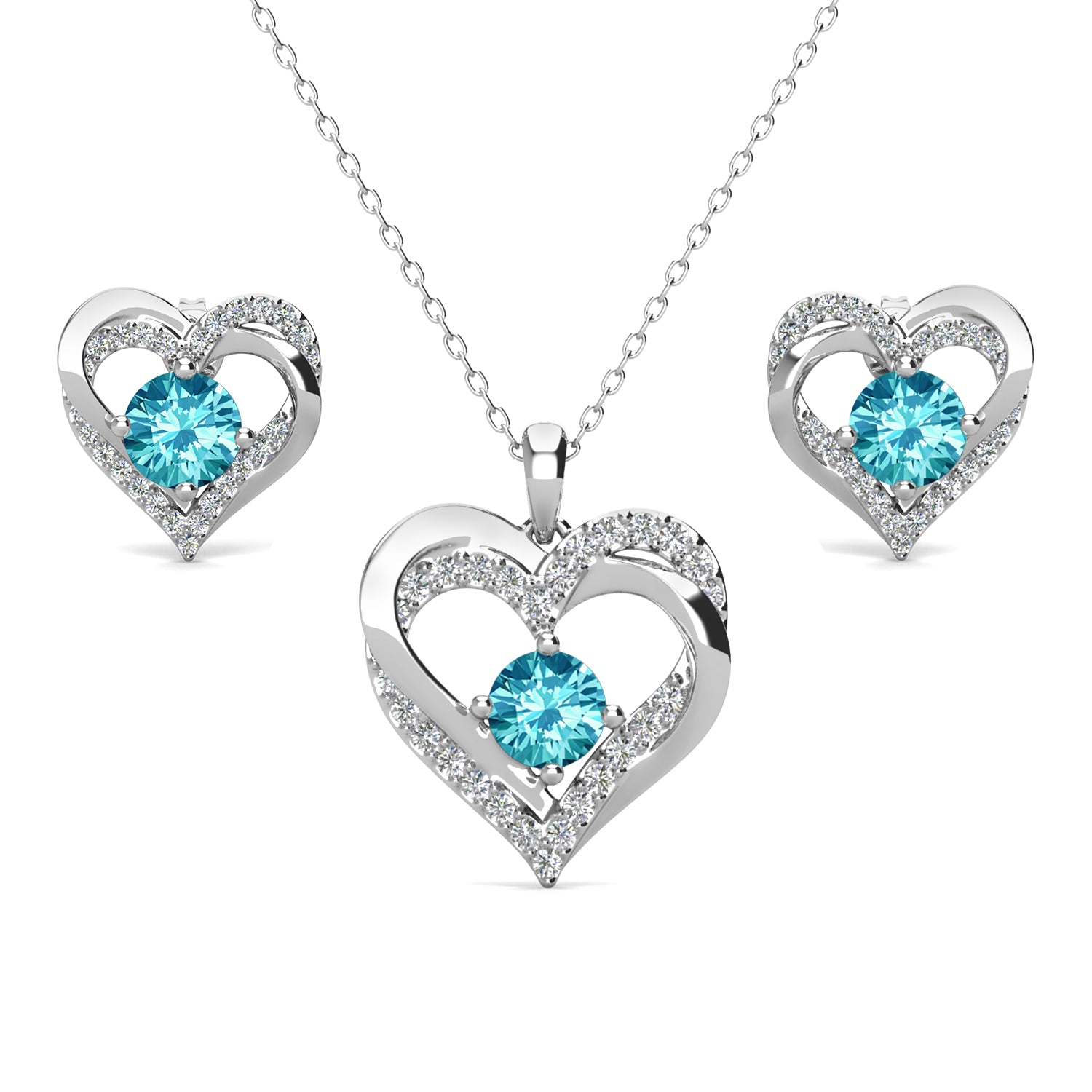 Forever Birthstone 18k White Gold Plated Silver Double Heart Earrings and Necklace Set with Swarovski Crystals