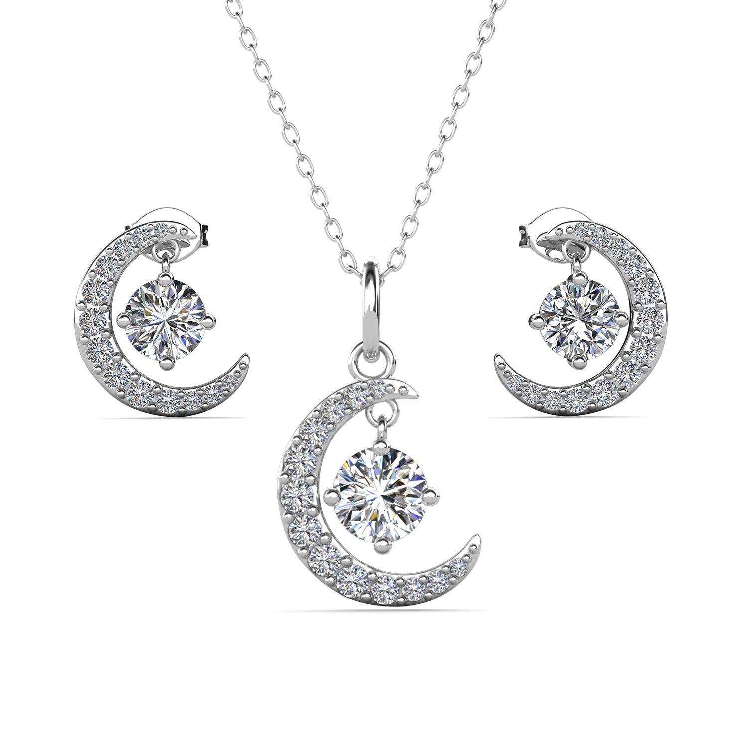 Luna Birthstone 18k White Gold Plated Silver Crescent Earrings and Necklace Set with Swarovski Crystals