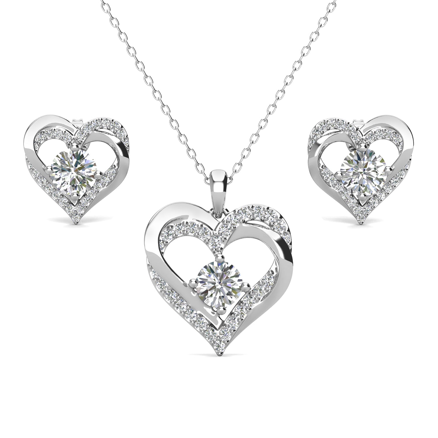 Forever Birthstone 18k White Gold Plated Silver Double Heart Earrings and Necklace Set with Swarovski Crystals