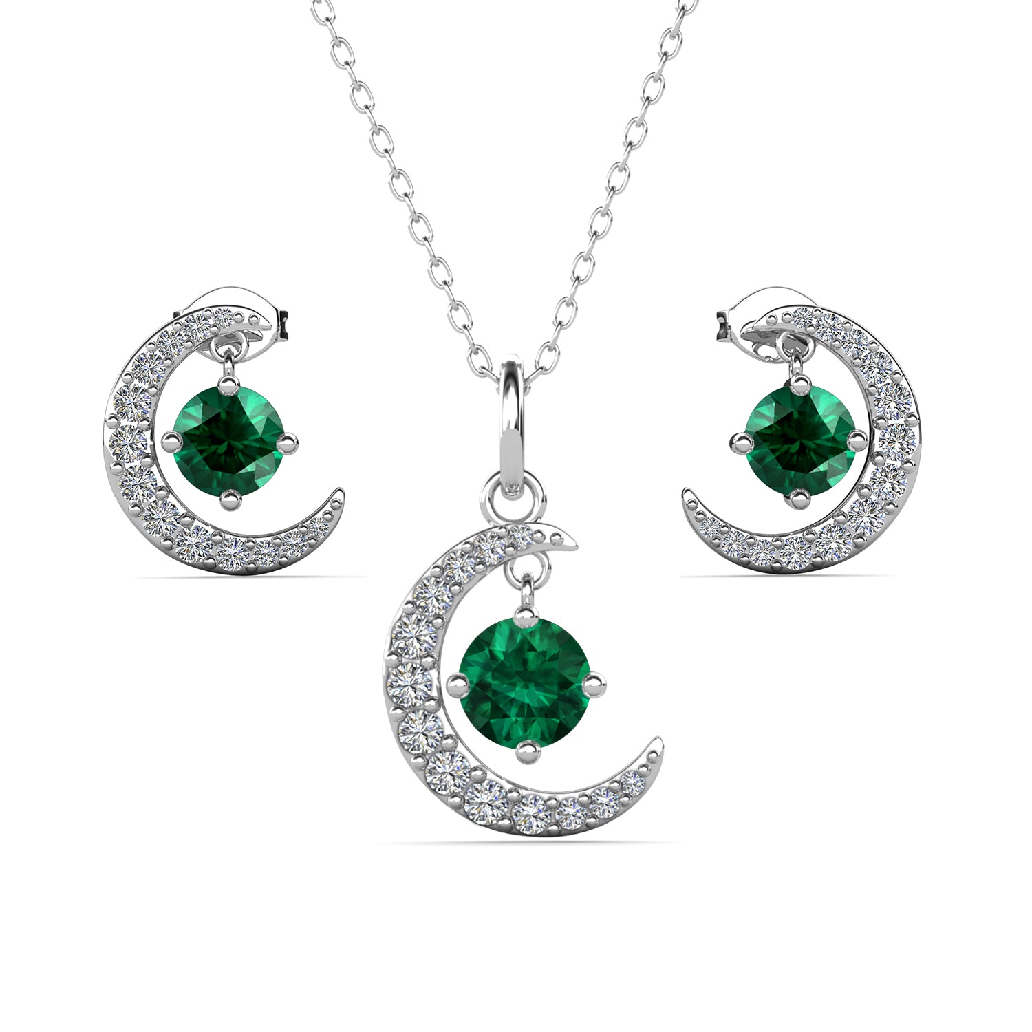 Luna Birthstone 18k White Gold Plated Silver Crescent Earrings and Necklace Set with Swarovski Crystals