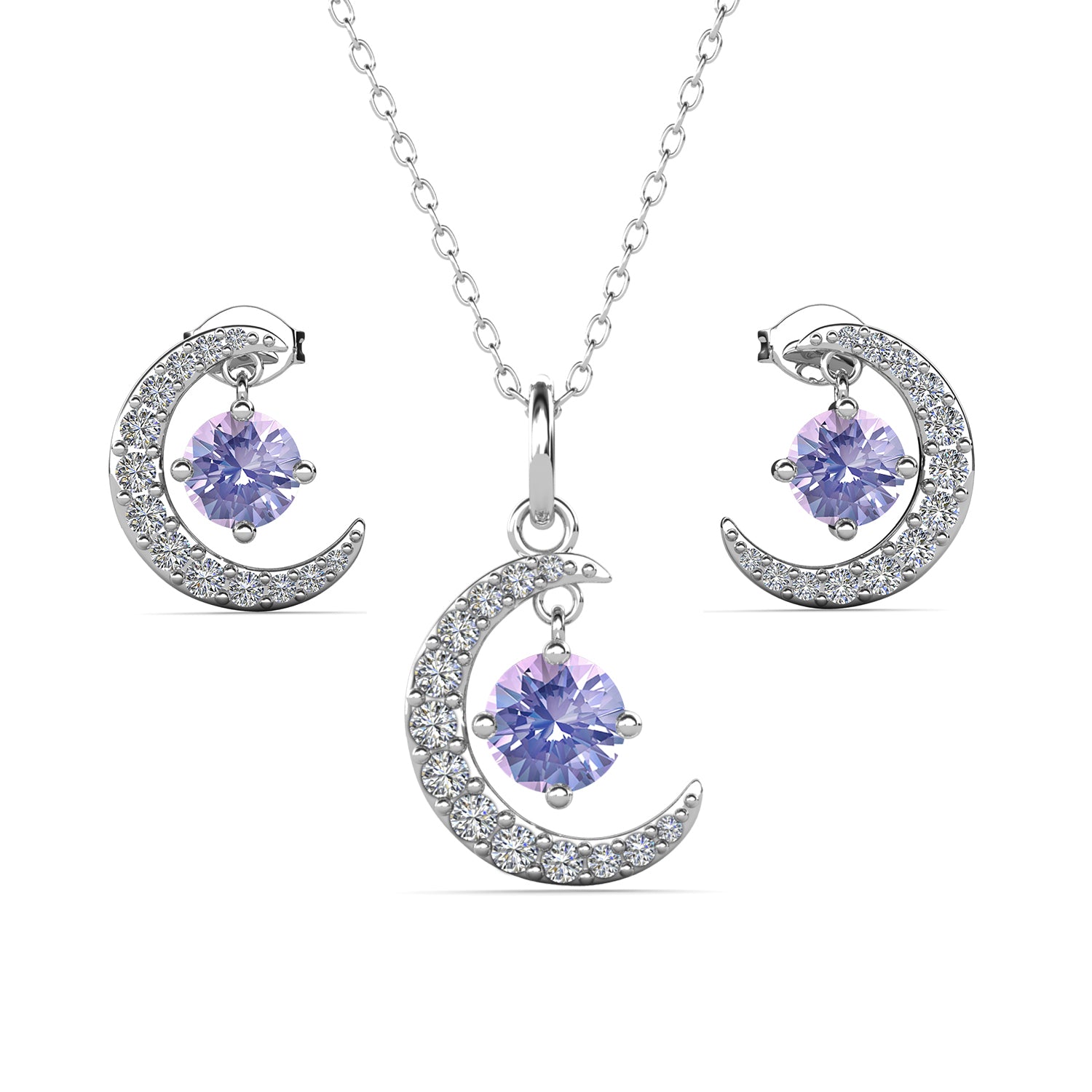 Luna Birthstone 18k White Gold Plated Silver Crescent Earrings and Necklace Set with Swarovski Crystals