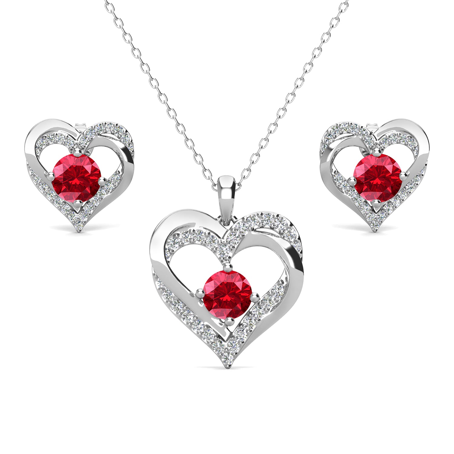 Forever Birthstone 18k White Gold Plated Silver Double Heart Earrings and Necklace Set with Swarovski Crystals