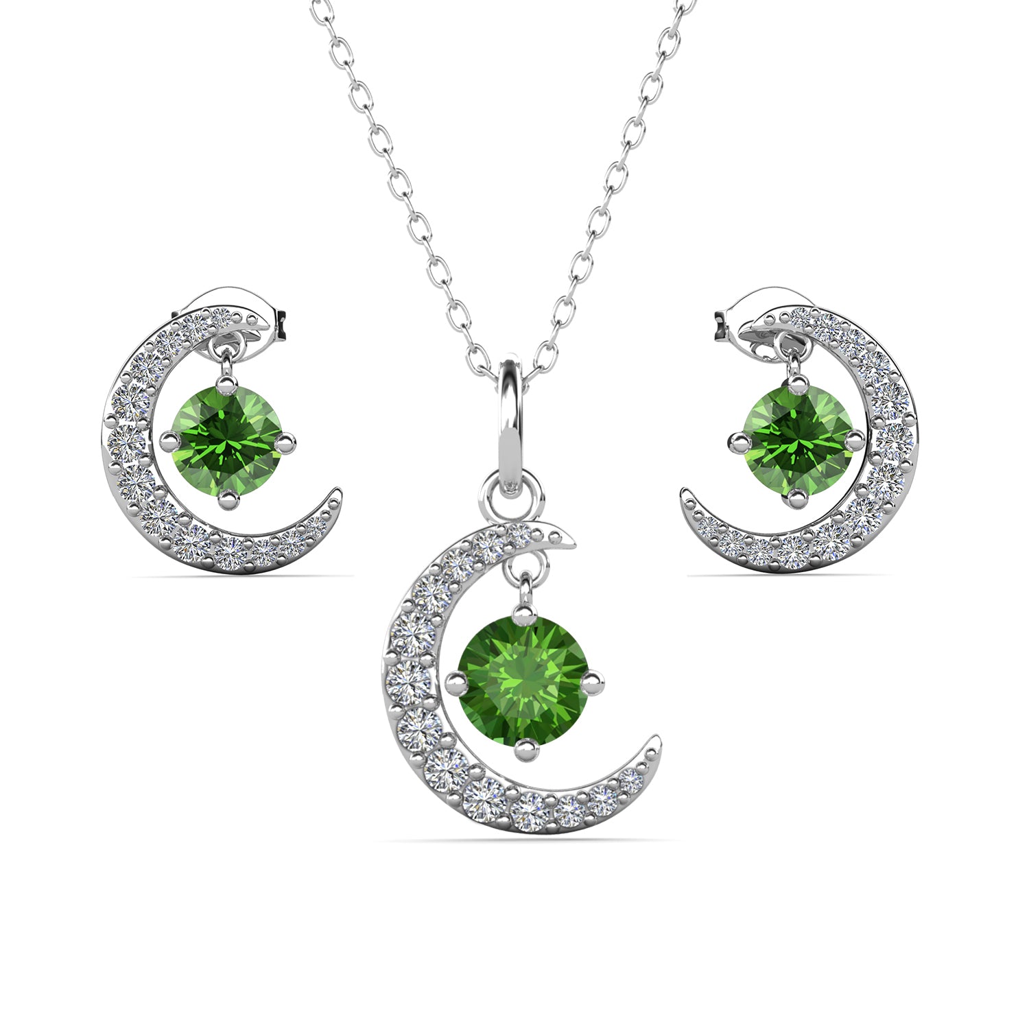 Luna Birthstone 18k White Gold Plated Silver Crescent Earrings and Necklace Set with Swarovski Crystals