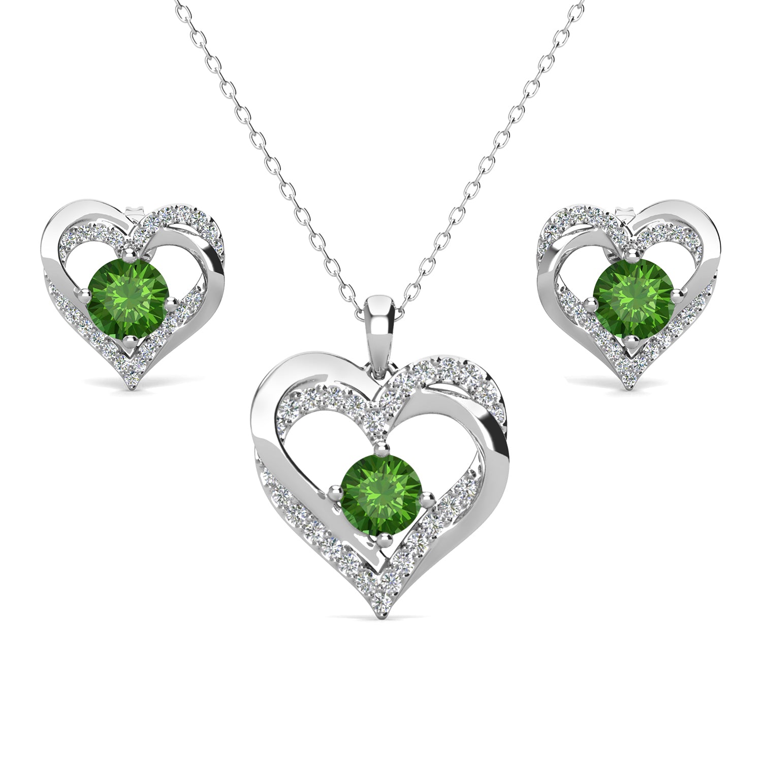 Forever Birthstone 18k White Gold Plated Silver Double Heart Earrings and Necklace Set with Swarovski Crystals