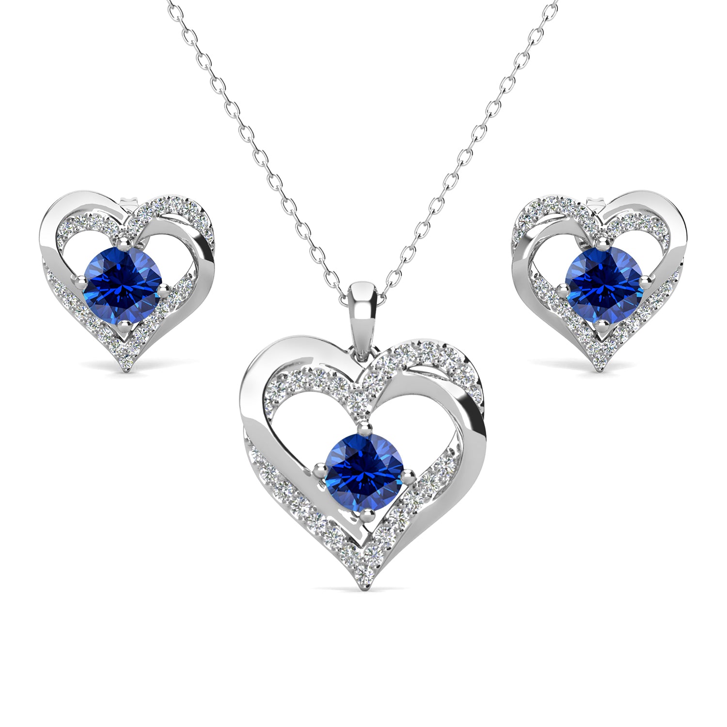 Forever Birthstone 18k White Gold Plated Silver Double Heart Earrings and Necklace Set with Swarovski Crystals