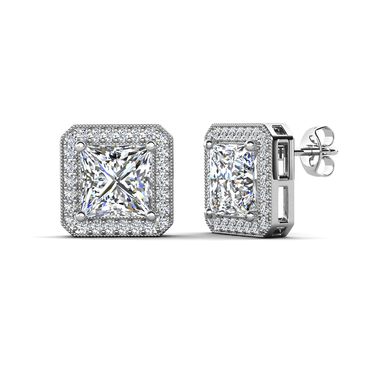 Londyn 18K White Gold Princess Cut Halo Necklace and Earrings Jewelry Set with Simulated Diamond Crystals