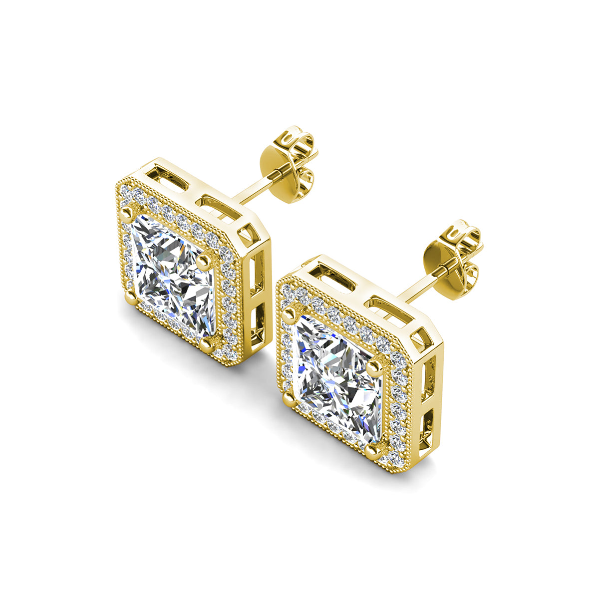 Cute Princess Cut CZ Halo Clip-On Earrings In White & Rose Gold – Perfect For Sensitive Ears!
