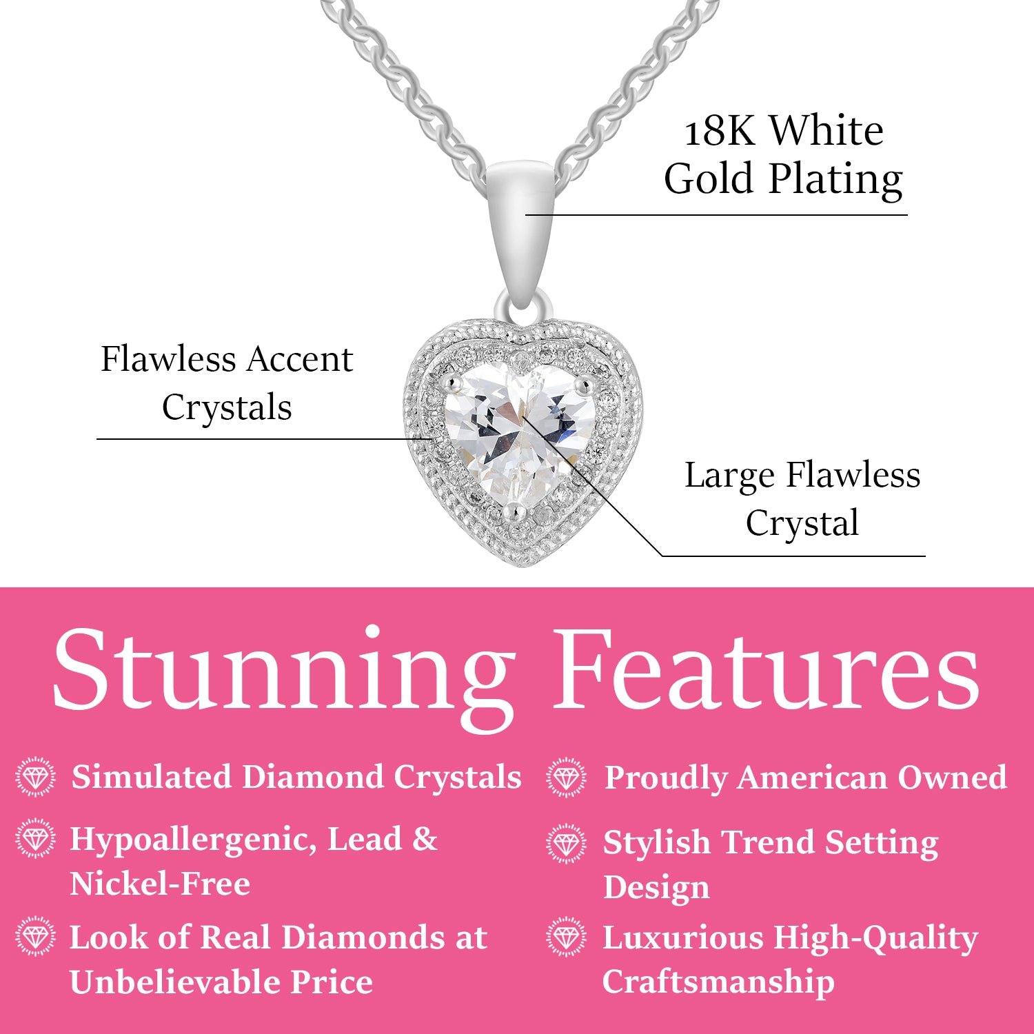 Coraline 18k White Gold Plated Heart Pendant Necklace with Simulated Diamond CZ Crystals