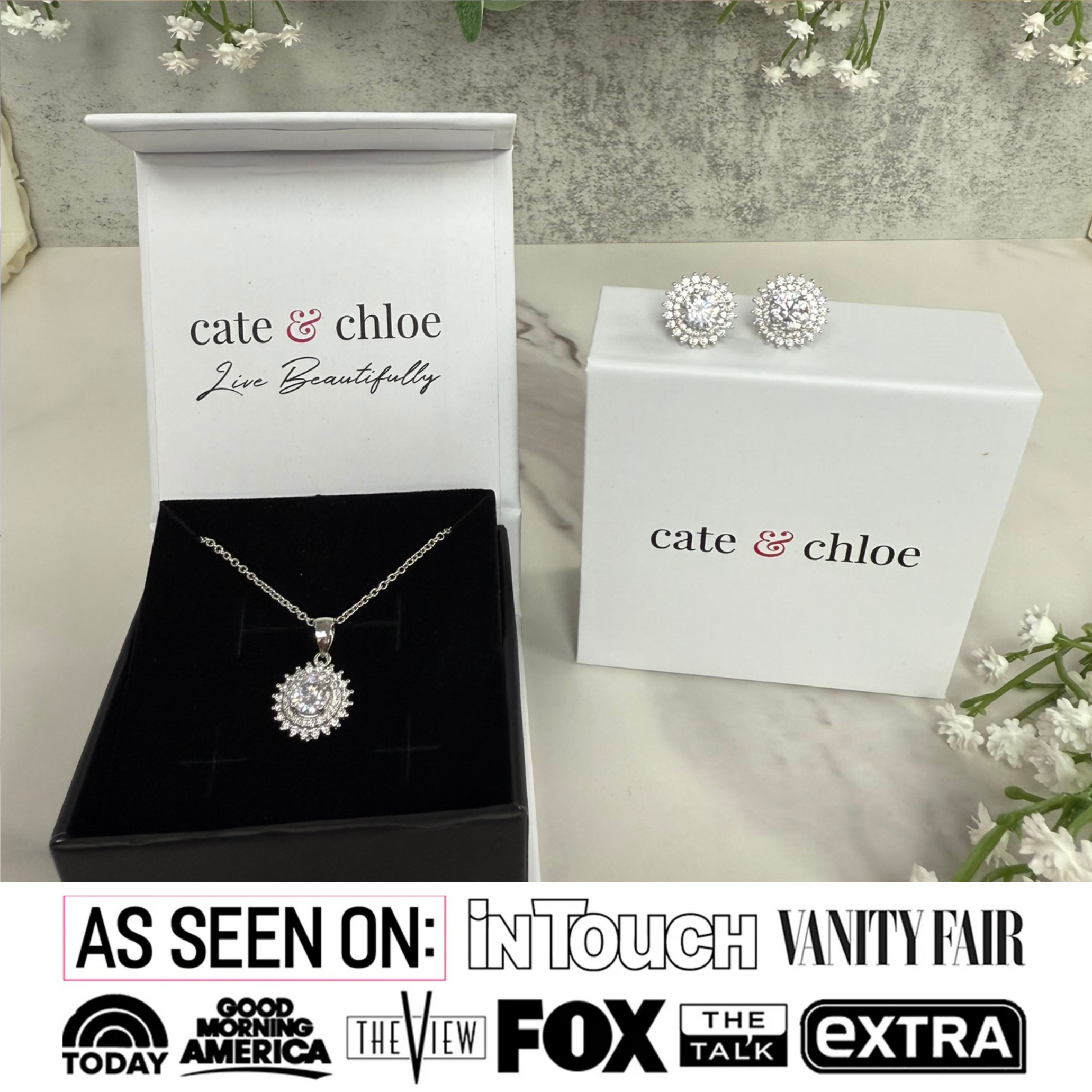 Cordelia 18k White Gold Necklace and Stud Earrings Jewelry Set with Simulated Diamond Crystals