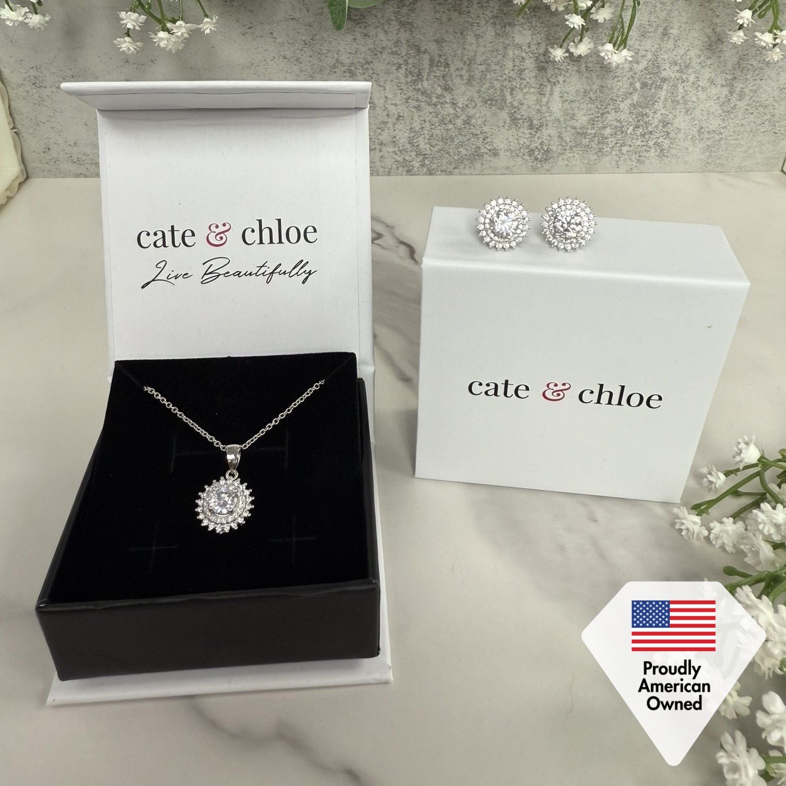 Cordelia 18k White Gold Necklace and Stud Earrings Jewelry Set with Simulated Diamond Crystals