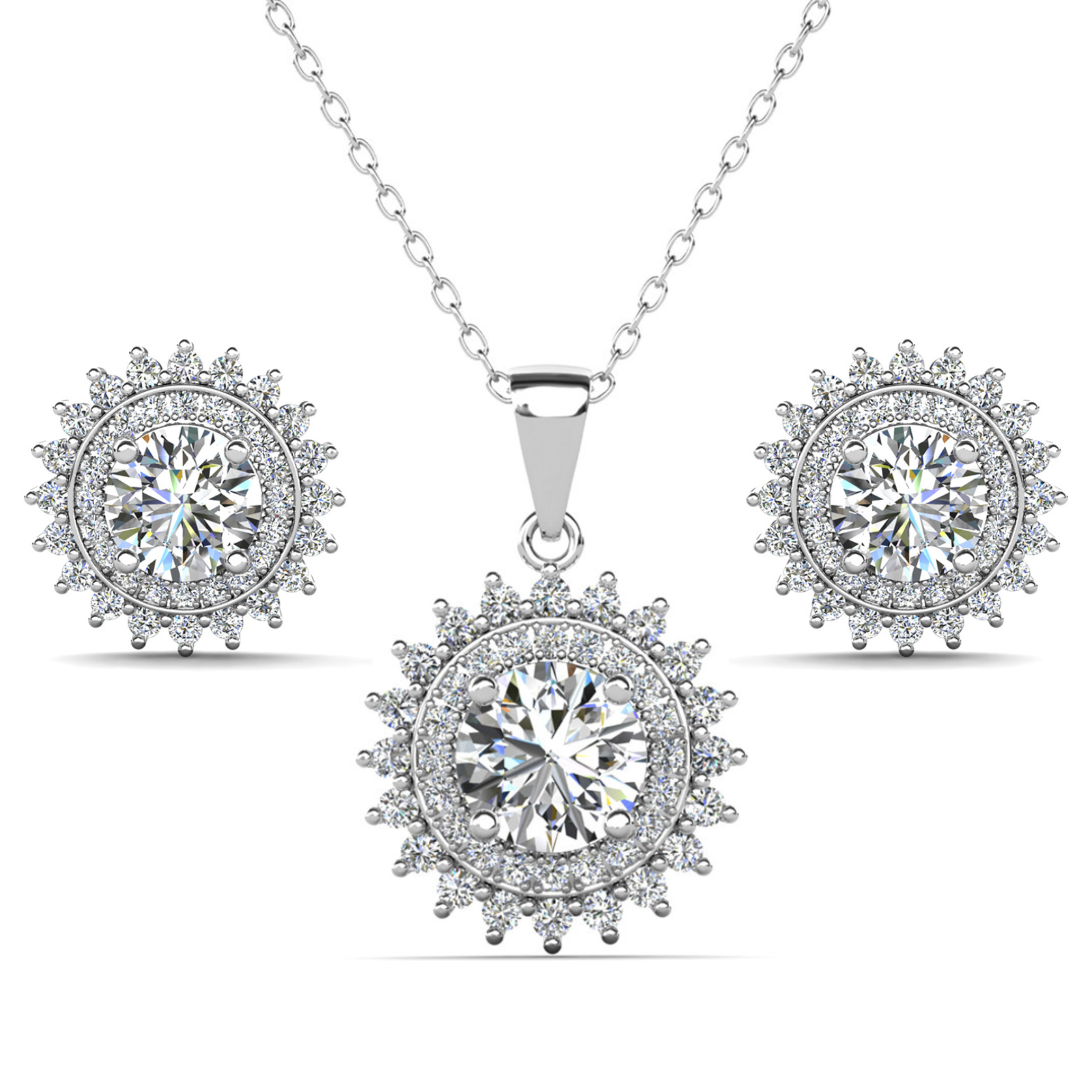 Cordelia 18k White Gold Necklace and Stud Earrings Jewelry Set with Simulated Diamond Crystals