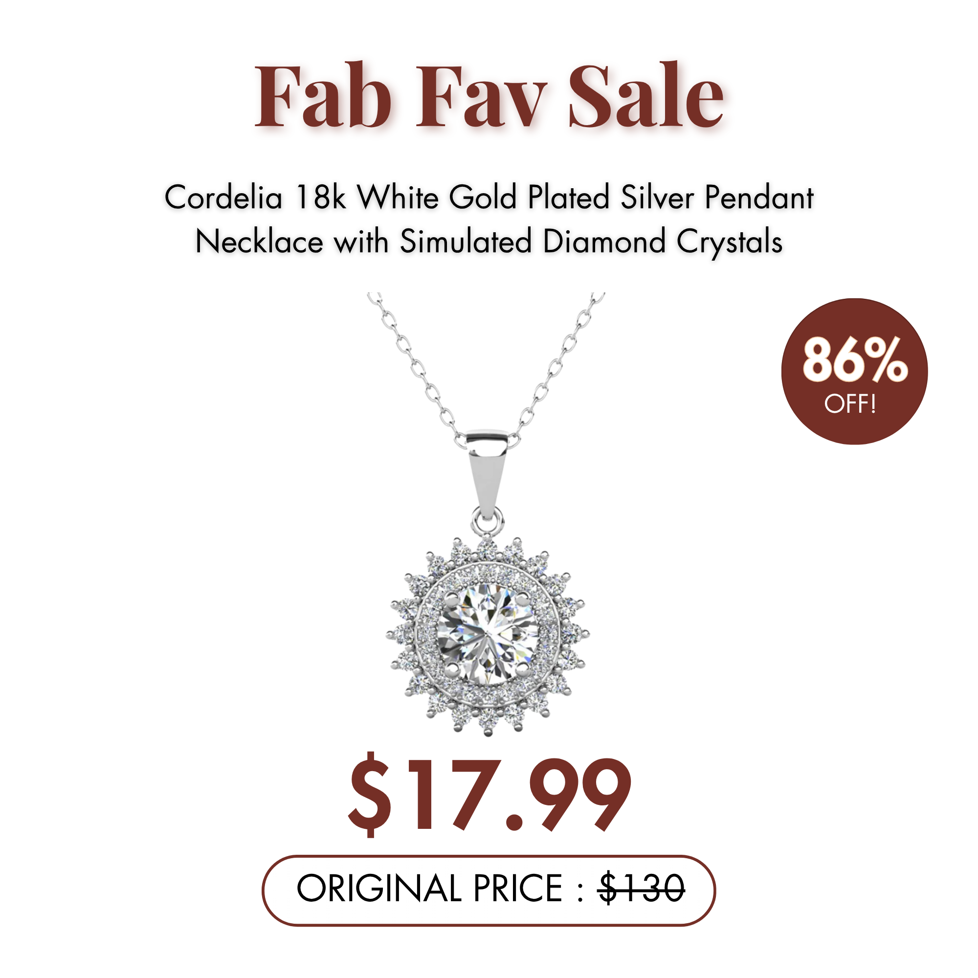 Cordelia 18k White Gold Plated Silver Pendant Necklace with Simulated Diamond Crystals — Fab Fav Sale