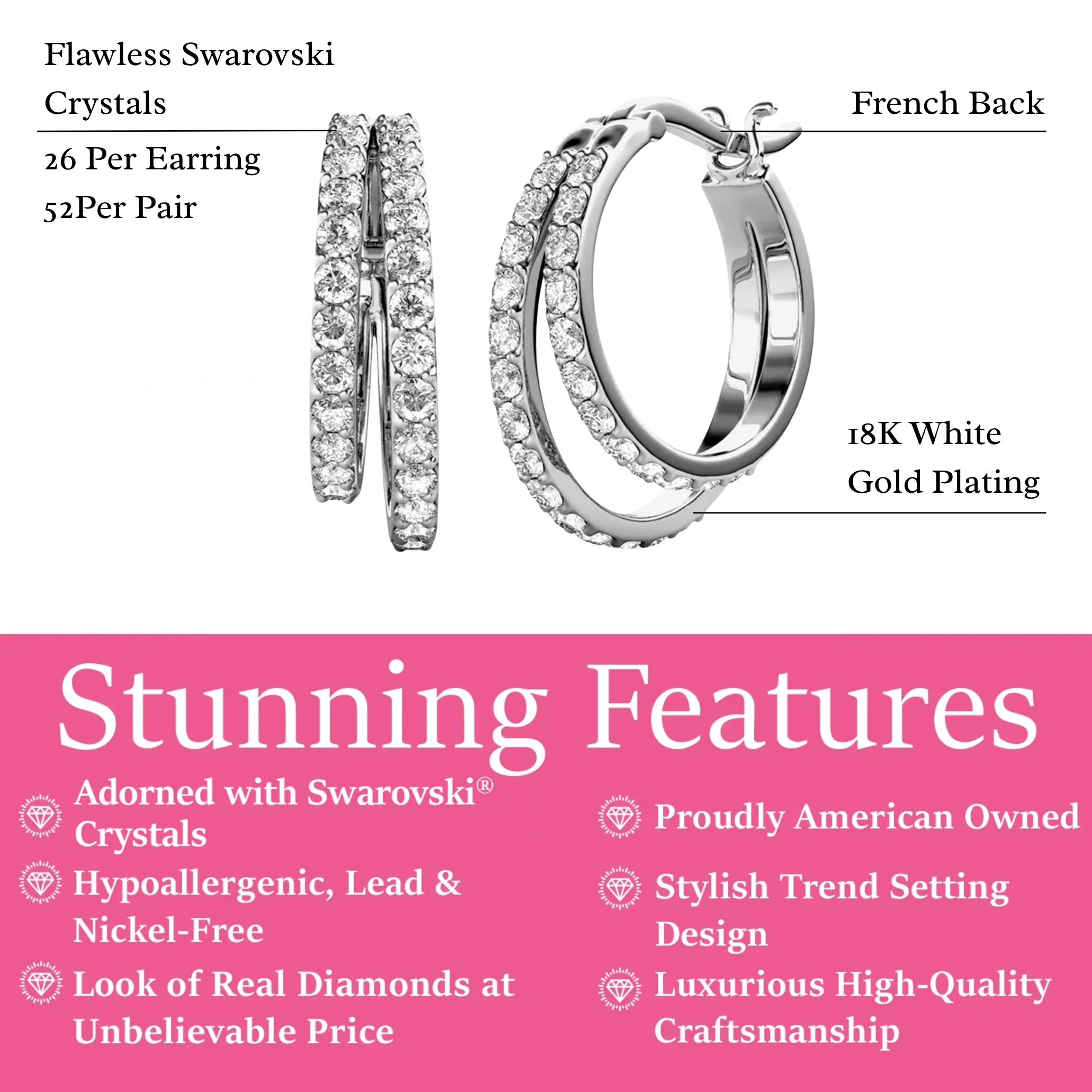 Corina 18k White Gold Plated 20mm Hoop Earrings with Swarovski Crystals