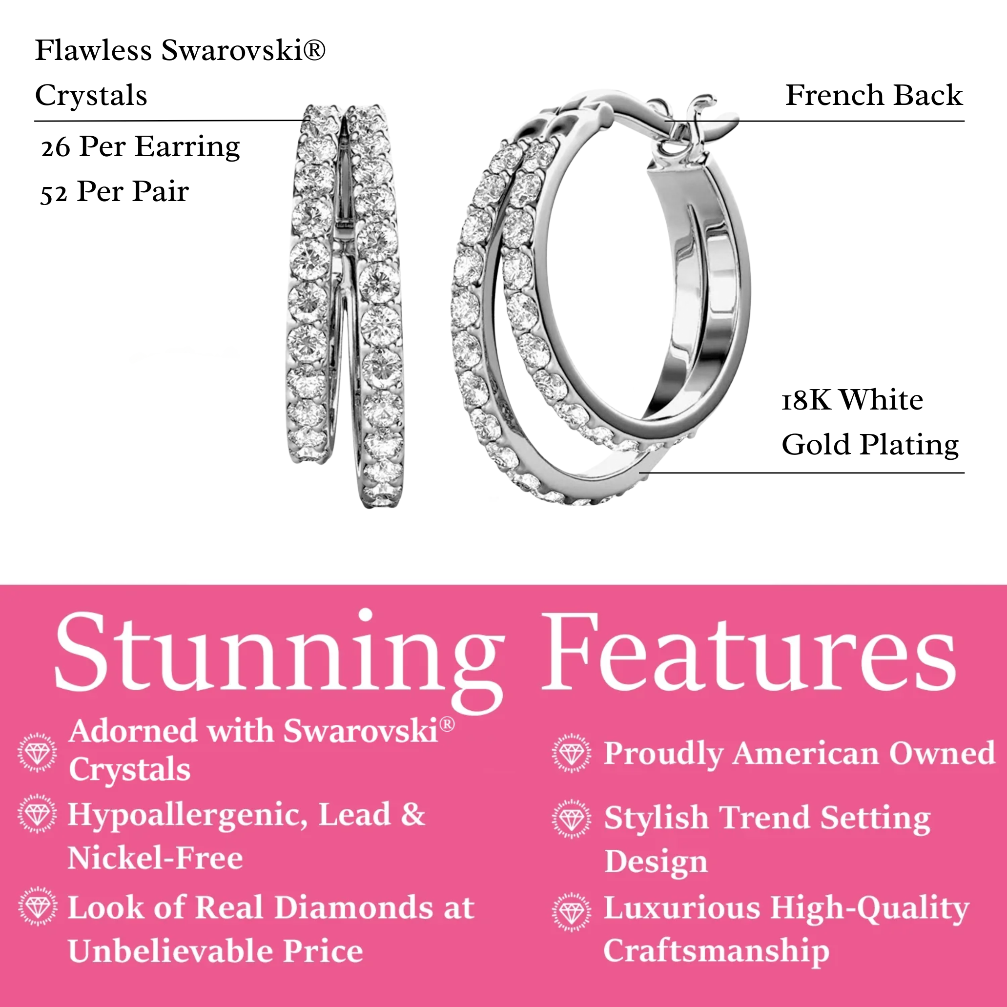 Corina 18k White Gold Plated 20mm Hoop Earrings with Swarovski Crystals (3 Pair Set)