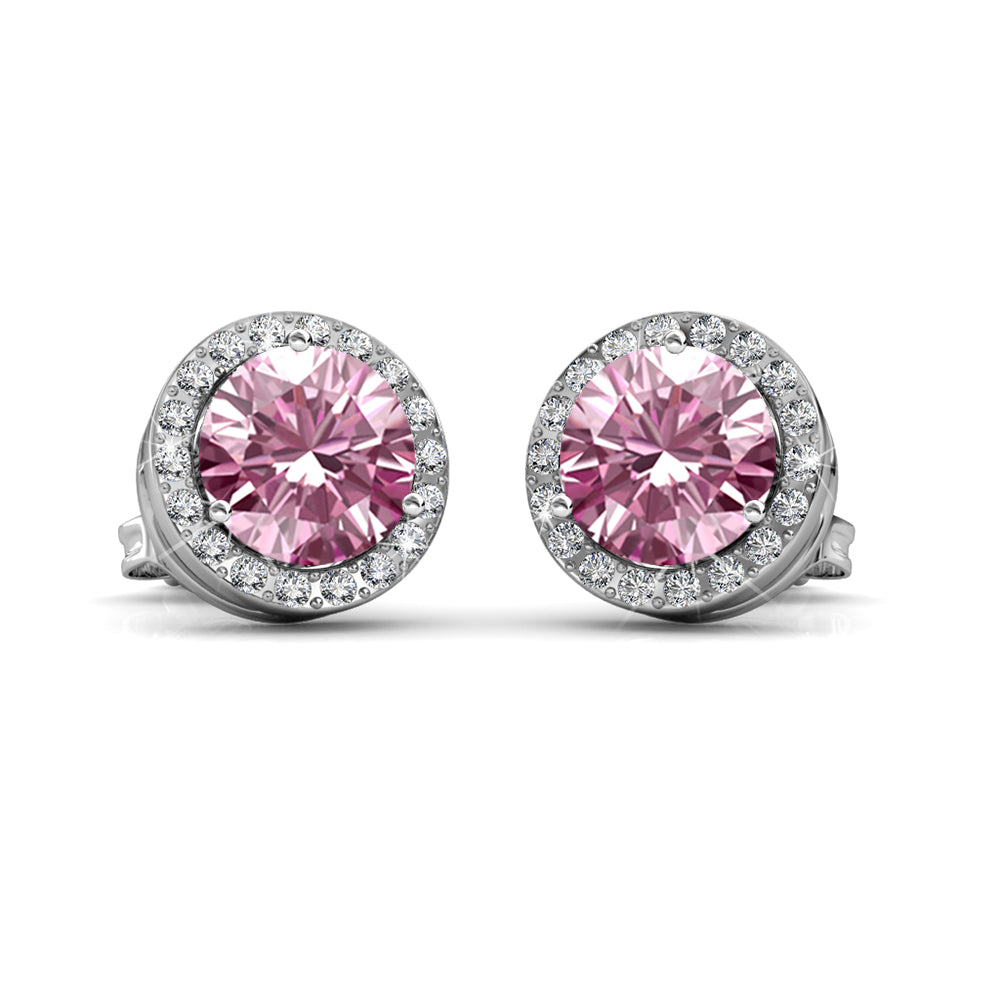 Royal October Birthstone Pink Tourmaline Earrings, 18k White Gold Plated Silver Halo Earrings with Round Cut Crystals