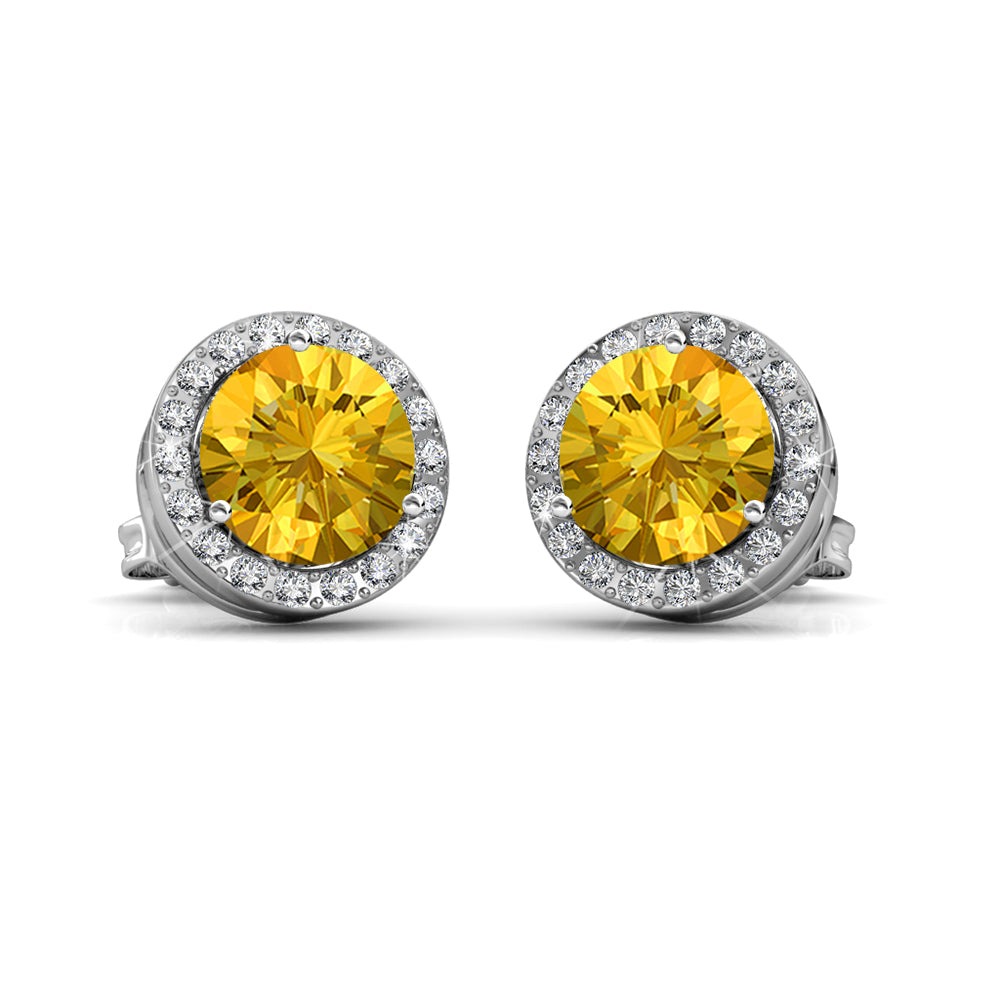 Royal November Birthstone Citrine Earrings, 18k White Gold Plated Silver Halo Earrings with Round Cut Crystals