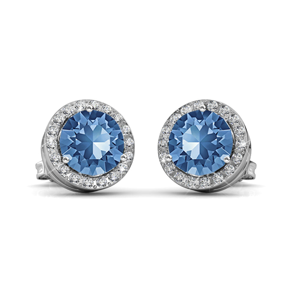 皇家十二月生日石蓝色托帕石耳环，镀 18k 白金银色光环耳环带圆形切割水晶
