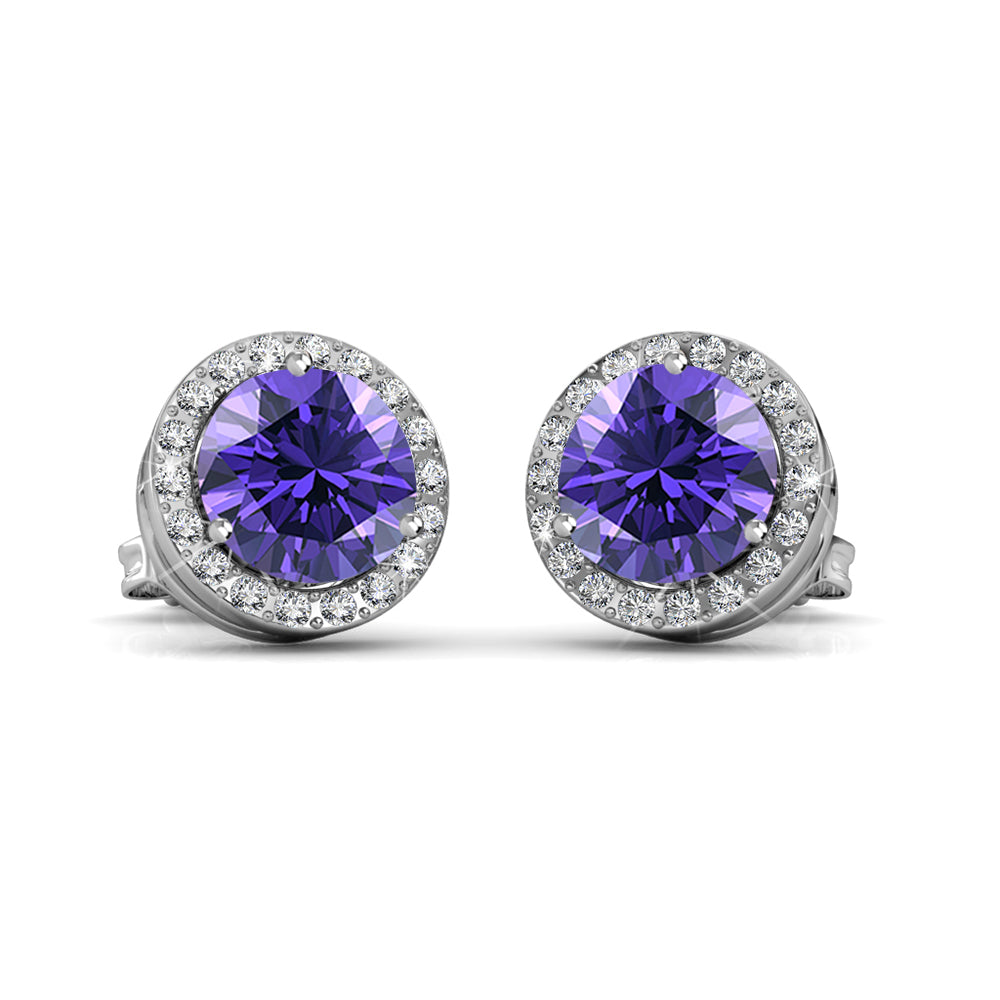 皇家二月生日石紫水晶耳环，镀 18k 白金银色光环耳环，圆形切割水晶