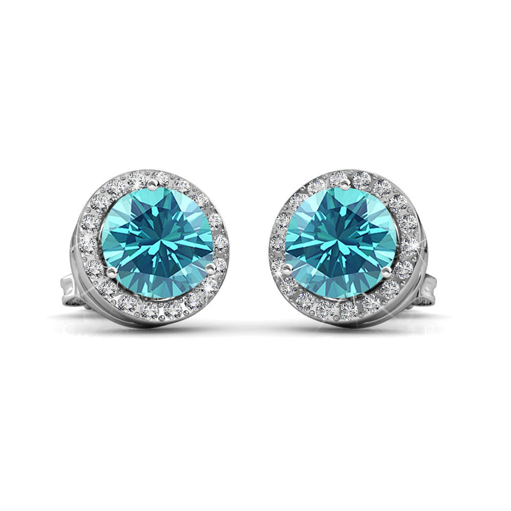 皇家三月诞生石海蓝宝石耳环，镀 18k 白金银色光环耳环，圆形切割水晶
