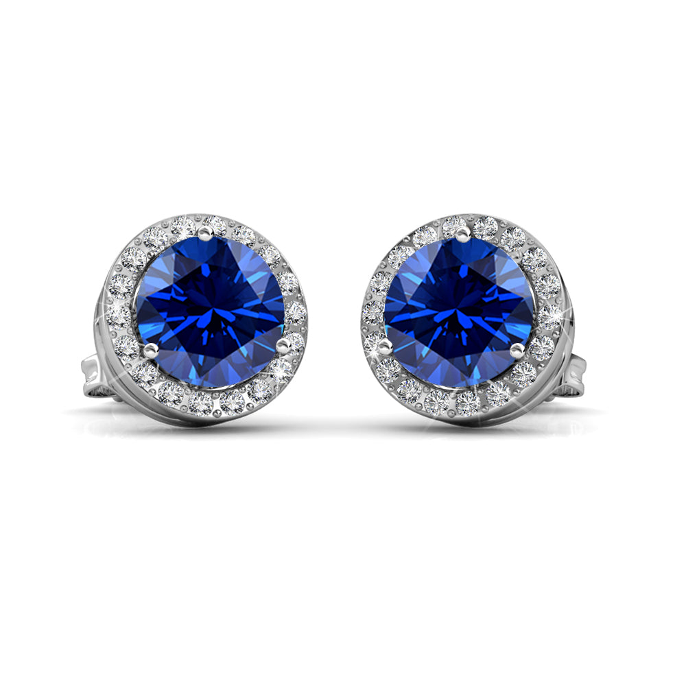 皇家九月生日石蓝宝石耳环，镀 18k 白金银色光环耳环，圆形切割水晶