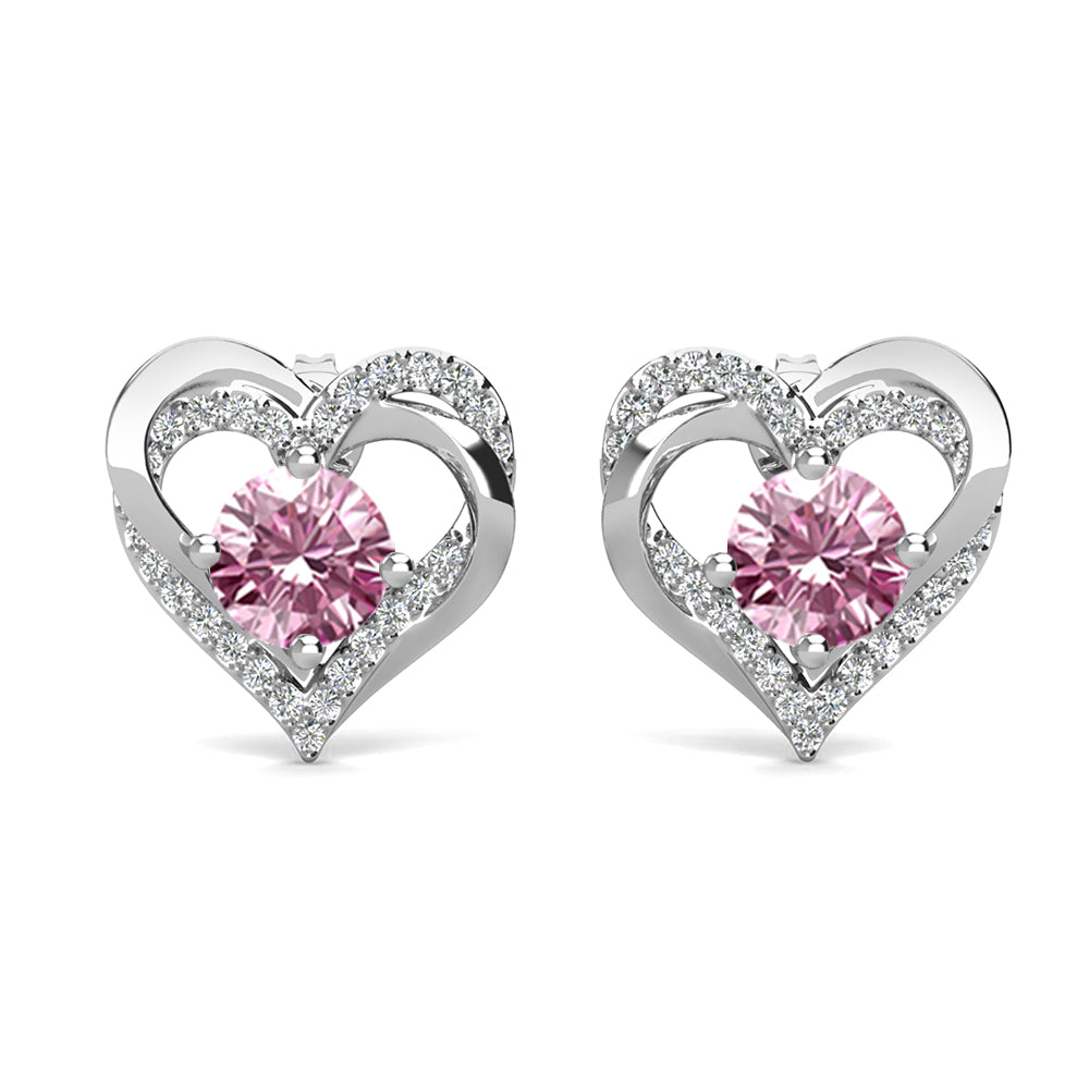 Forever October Birthstone Pink Tourmaline Earrings, 18k White Gold Plated Silver Double Heart Crystal Earrings