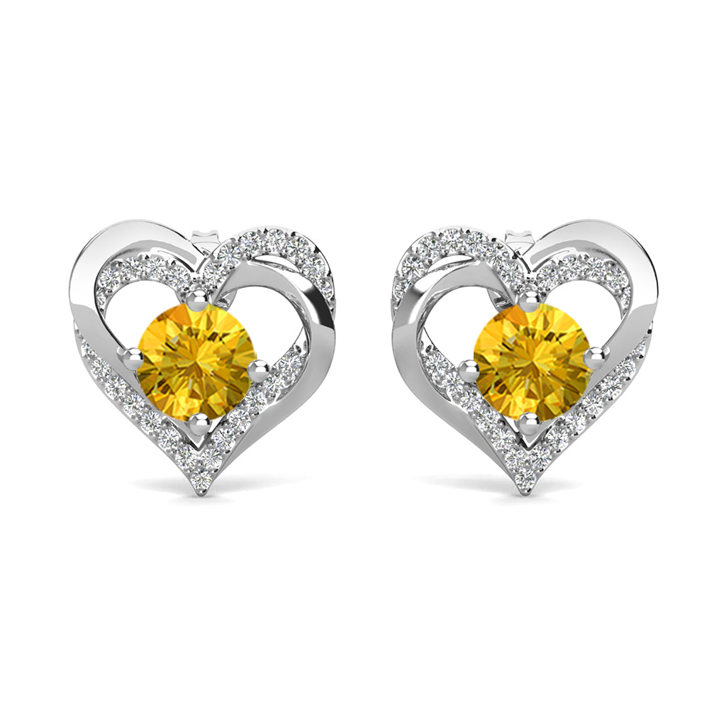 永远十一月诞生石黄水晶耳环，18k 镀白金银双心形水晶耳环
