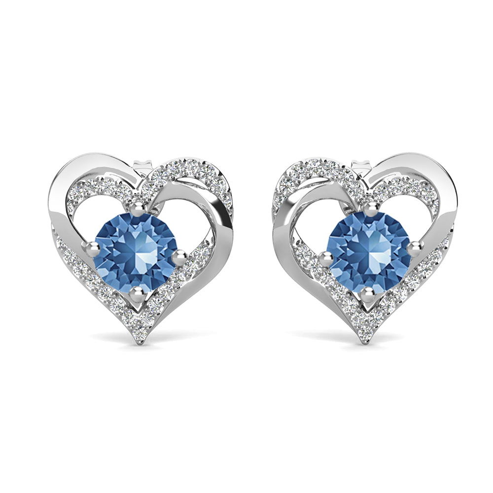 永远的十二月生日石蓝色托帕石耳环，镀 18k 白金银双心形水晶耳环