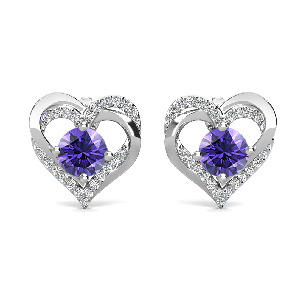 永远二月诞生石紫水晶耳环，18k 镀白金银双心形水晶耳环