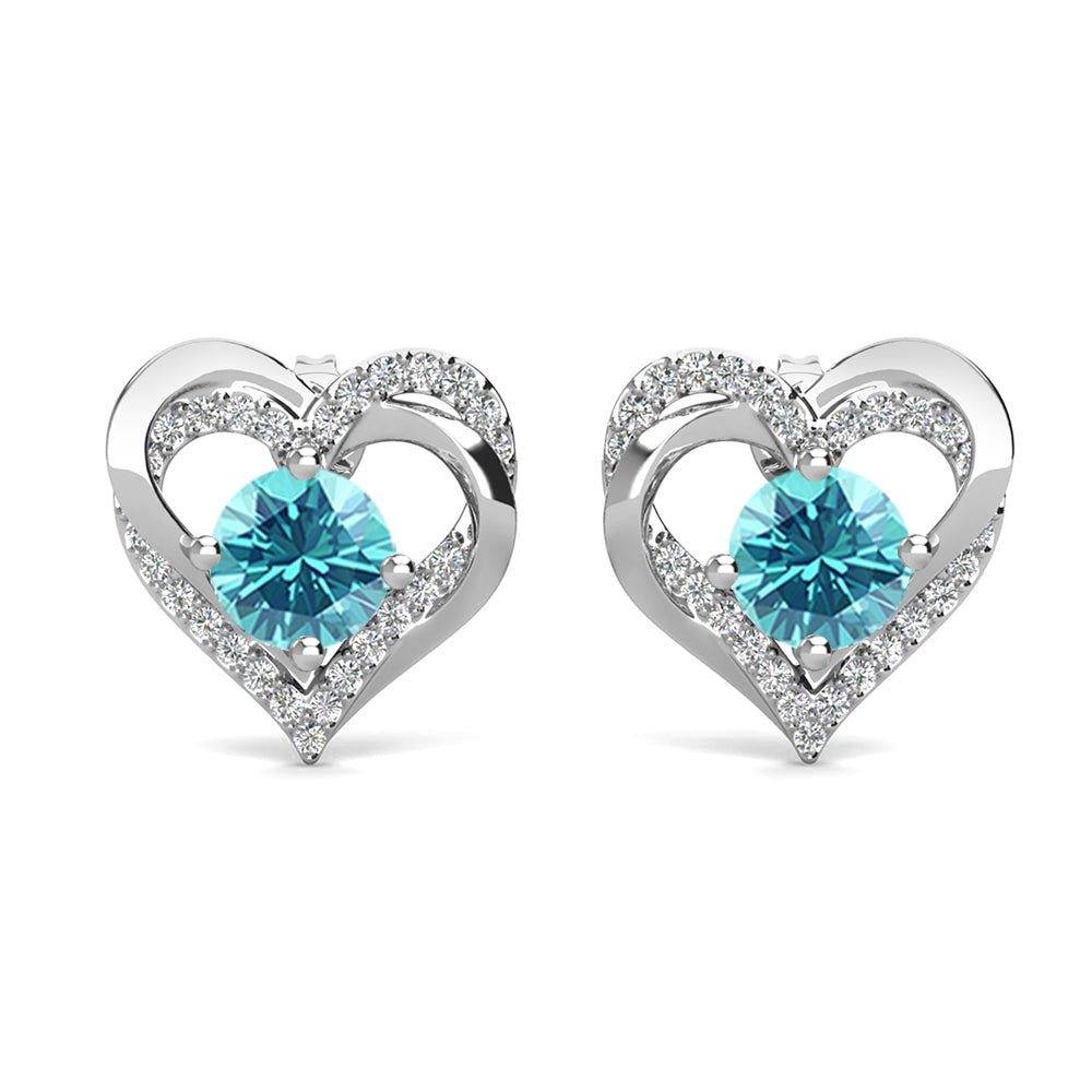 Forever March Birthstone Aquamarine Earrings, 18k White Gold Plated Silver Double Heart Crystal Earrings