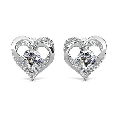 Aretes de diamantes con piedra natal de Forever April, aretes de cristal de doble corazón de plata chapada en oro blanco de 18 k