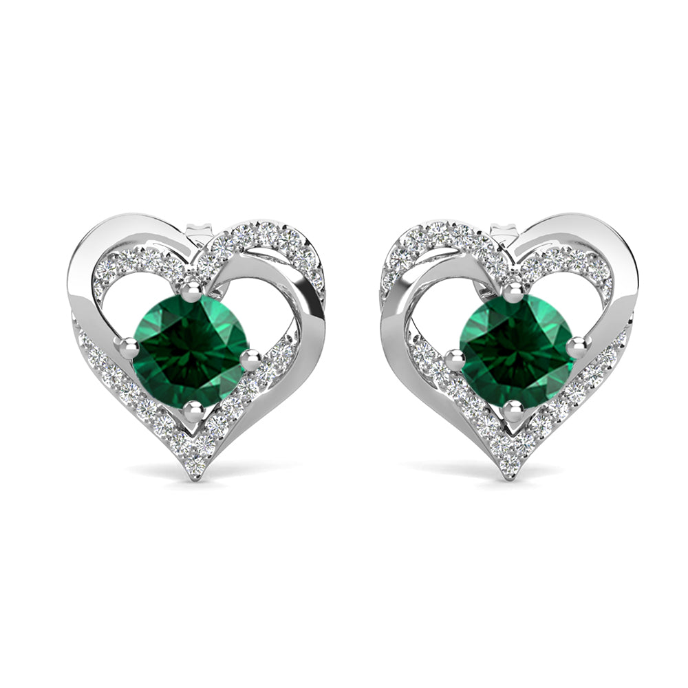 永远五月诞生石祖母绿耳环，镀 18k 白金银双心形水晶耳环