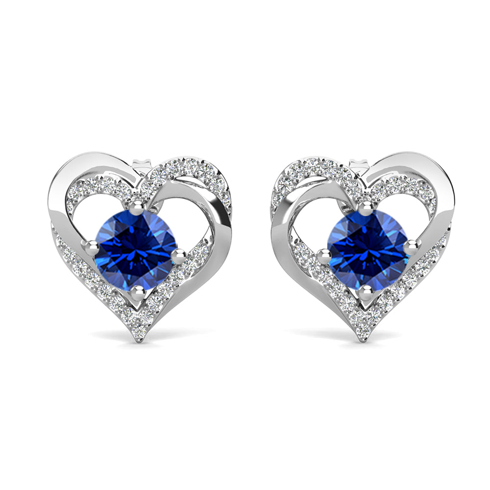 永远的九月诞生石蓝宝石耳环，镀 18k 白金银双心形水晶耳环