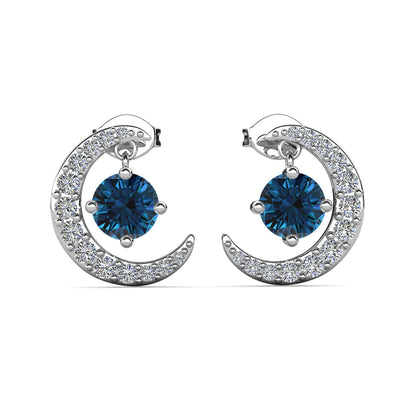 Aretes con piedra natal Luna, chapados en oro blanco de 18 k y cristales de talla redonda