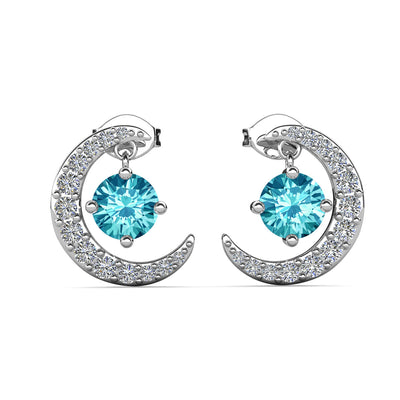 Aretes con piedra natal Luna, chapados en oro blanco de 18 k y cristales de talla redonda