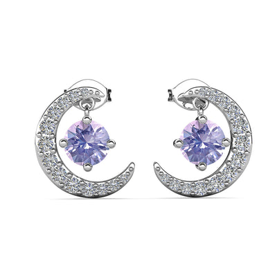 Aretes con piedra natal Luna, chapados en oro blanco de 18 k y cristales de talla redonda